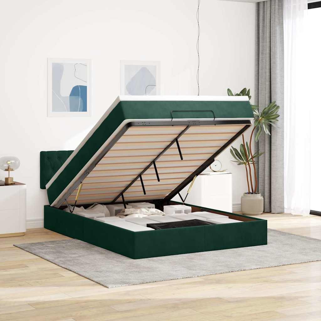 Estrutura de cama otomana com colchão 140x200 cm verde escuro