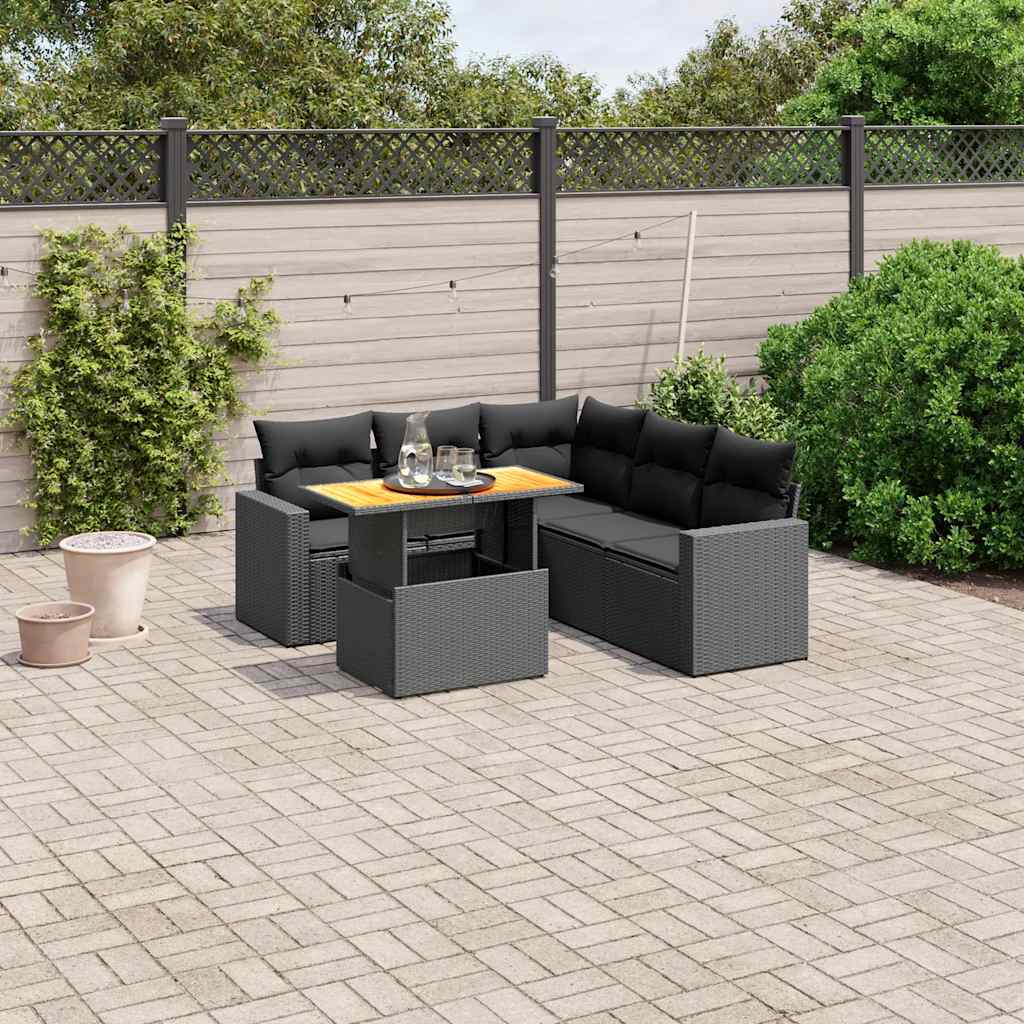 6 Pcs conjunto sofás de jardim c/ almofadões vime PE preto
