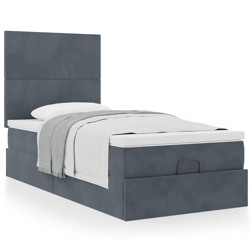 Moldura de cama otomana com colchões cinza escuro veludo