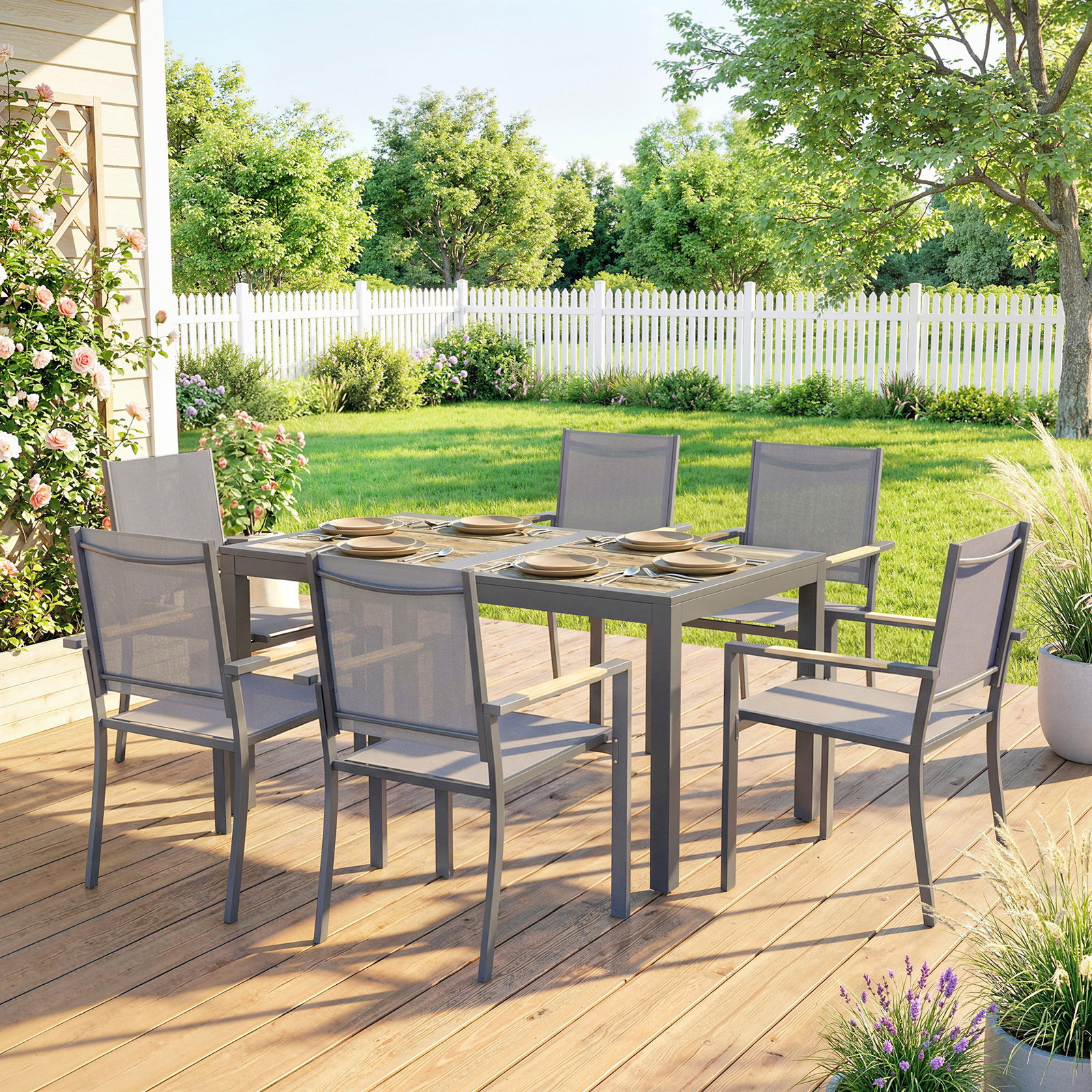 Conjunto de mesa e cadeiras de jardim de 7 peças móveis de jardim para exterior com mesa de plástico pspc 6 cadeiras empilháveis cinza escuro