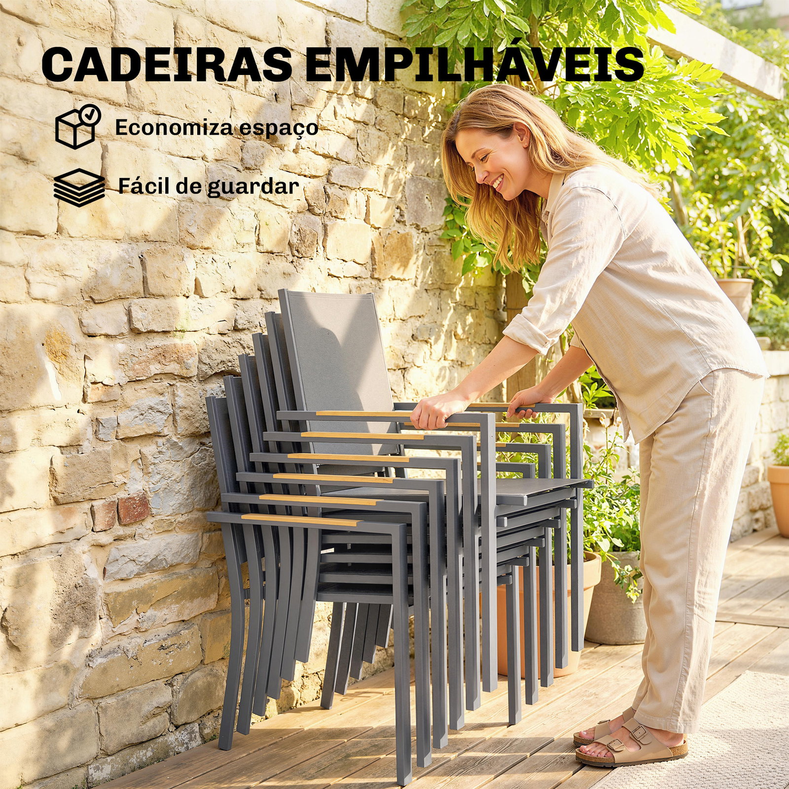 Conjunto de mesa e cadeiras de jardim de 7 peças móveis de jardim para exterior com mesa de plástico pspc 6 cadeiras empilháveis cinza escuro