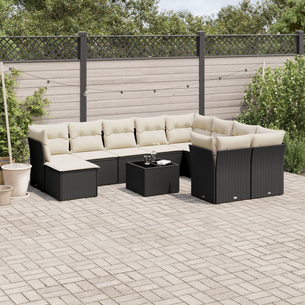 11 Pcs conjunto sofás de jardim c/ almofadões vime PE preto