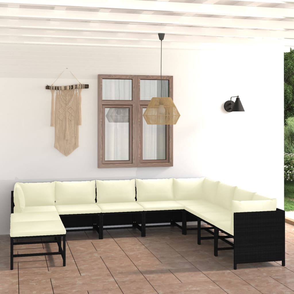 11 Pcs conjunto lounge de jardim c/ almofadões vime PE preto