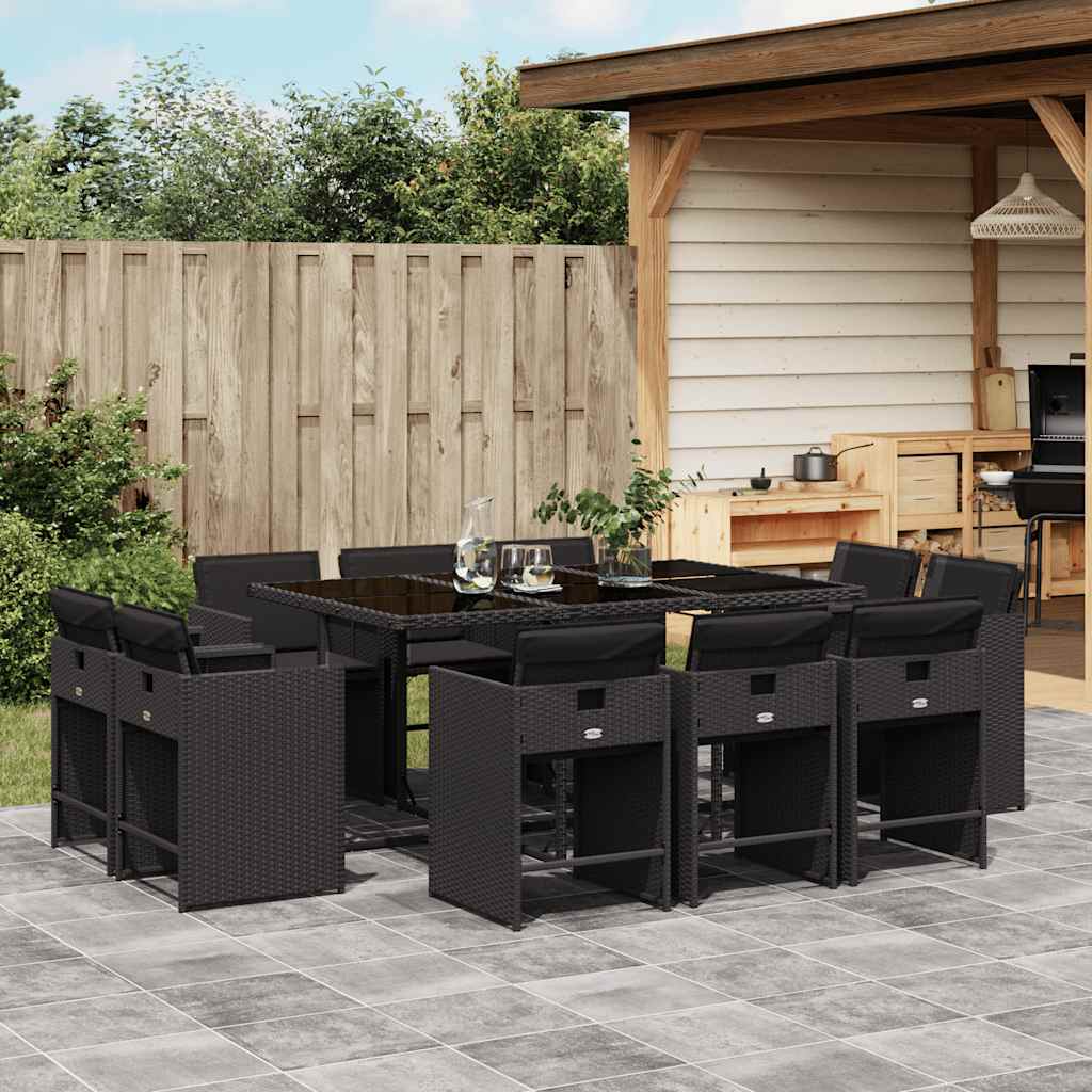 11 Pcs conjunto de jantar p/ jardim c/ almofadões vime PE preto