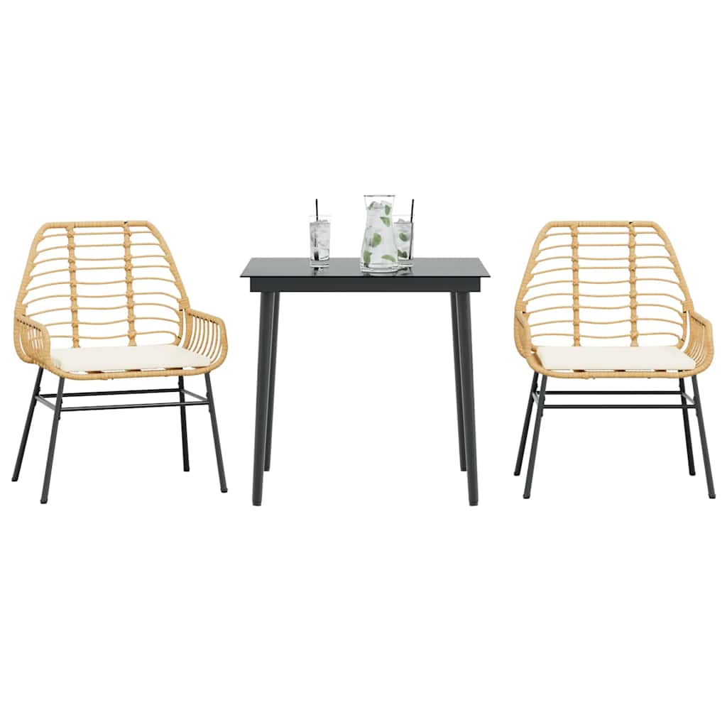 Conjunto jantar jardim 3 peças almofadas vidro vime PE castanho