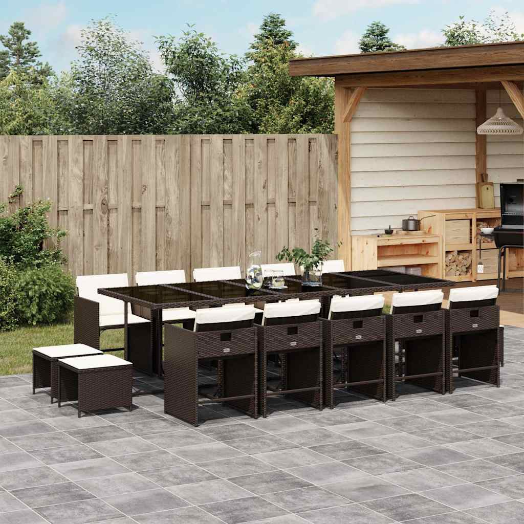 15 Pcs conjunto jantar p/ jardim c/ almofadões vime PE castanho