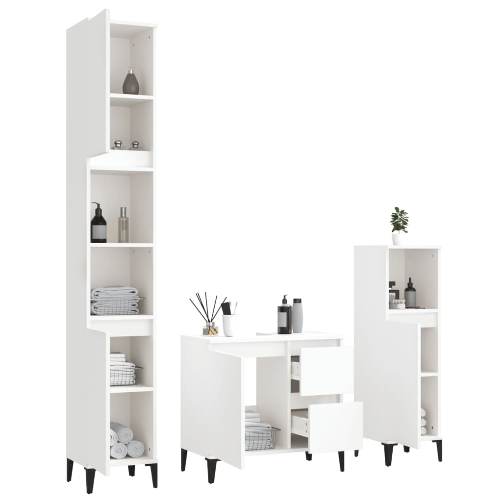 3 Pcs conjunto móveis casa de banho madeira processada branco