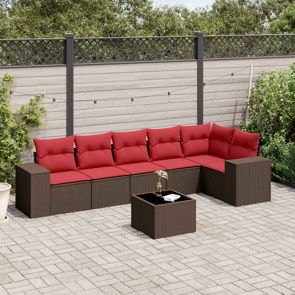 Conjunto de sofá de jardim com 7 peças e almofadas em rattan sintético marrom