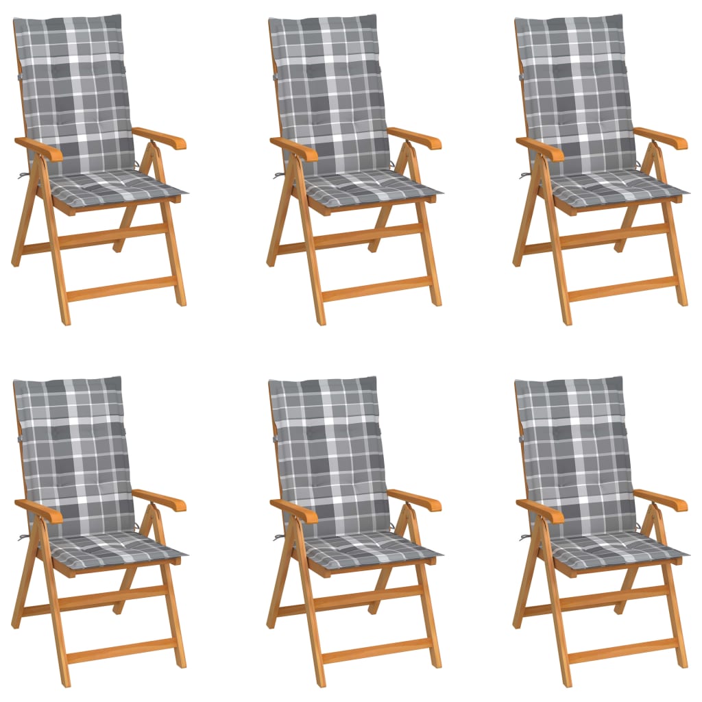 Cadeiras jardim c/ almofadões xadrez cinzento 6 pcs teca maciça