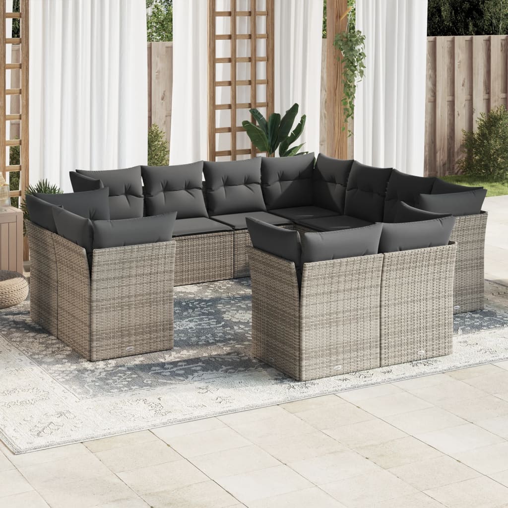 11 Pcs conjunto sofás de jardim c/ almofadões vime PE cinzento