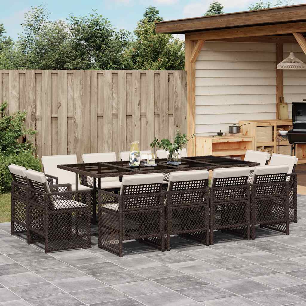 13 Pcs conjunto jantar p/ jardim c/ almofadões vime PE castanho