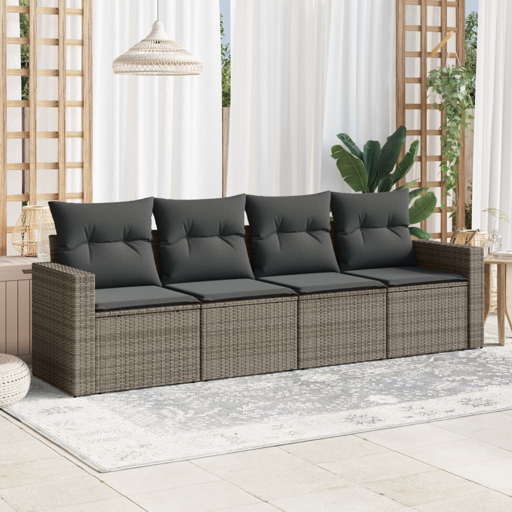 4 Pcs conjunto sofás de jardim c/ almofadões vime PE cinzento