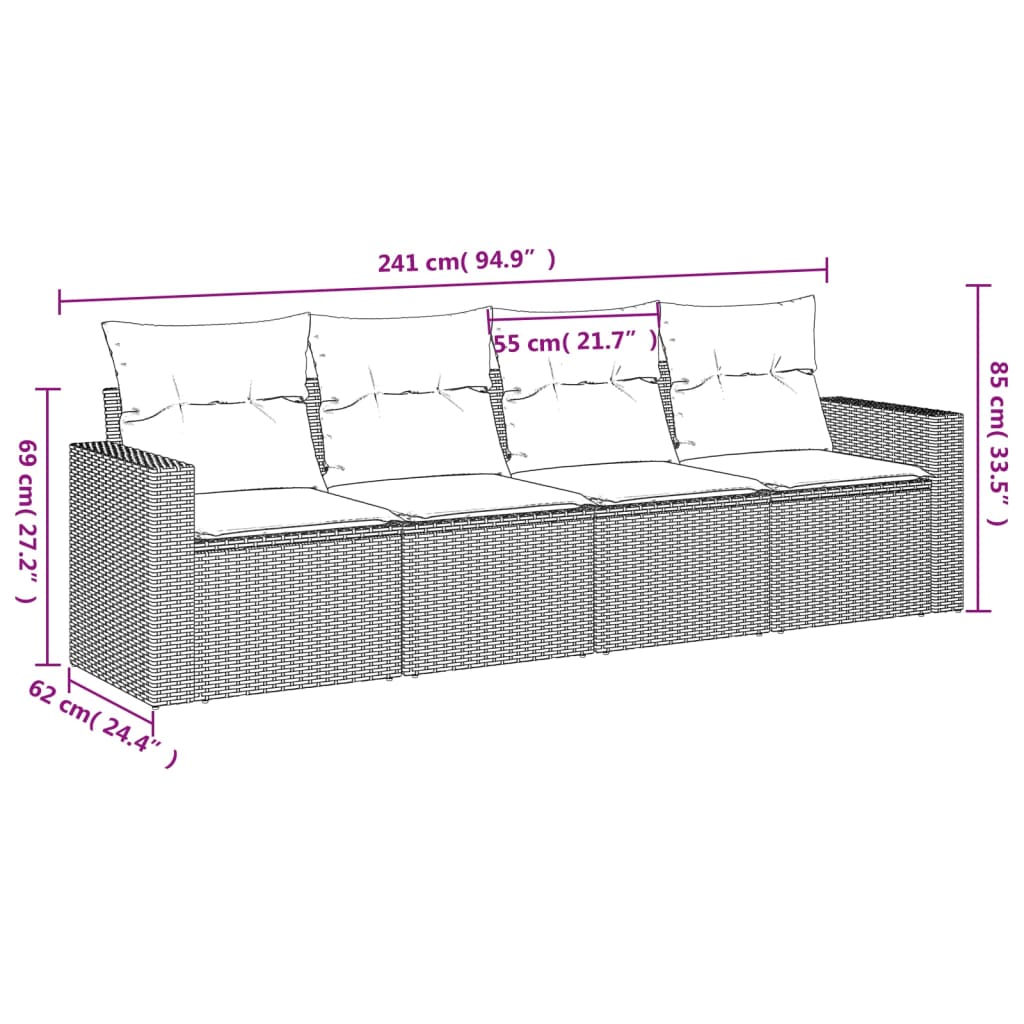 4 Pcs conjunto sofás de jardim c/ almofadões vime PE cinzento