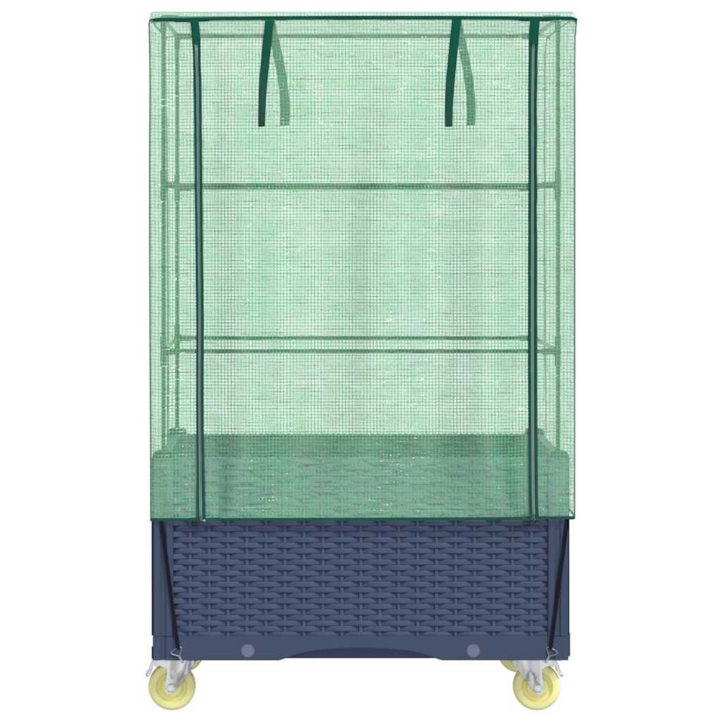 Canteiro elevado com cobertura de estufa e rodas aspeto de vime