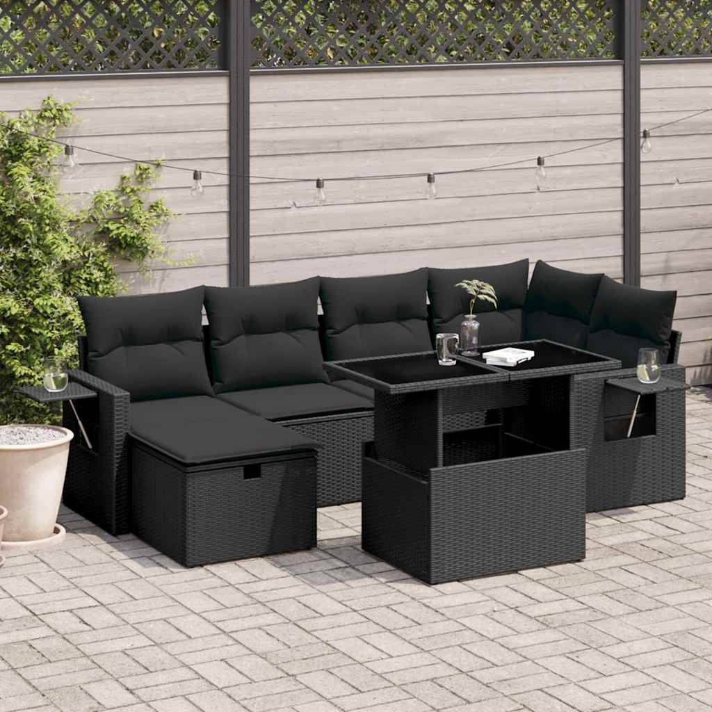 7 Pcs conjunto de sofás p/ jardim c/ almofadões vime PE preto