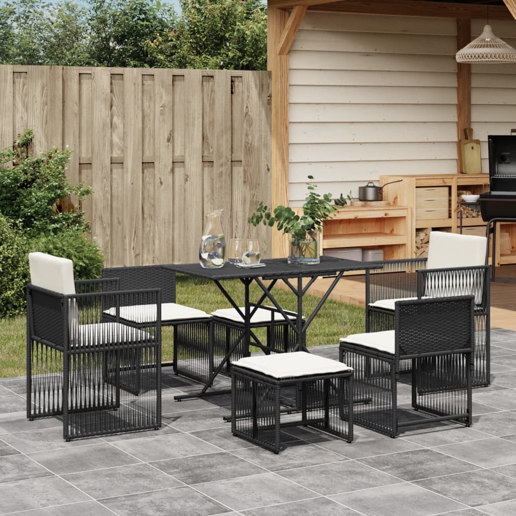 7 Pcs conjunto de jantar p/ jardim c/ almofadões vime PE preto
