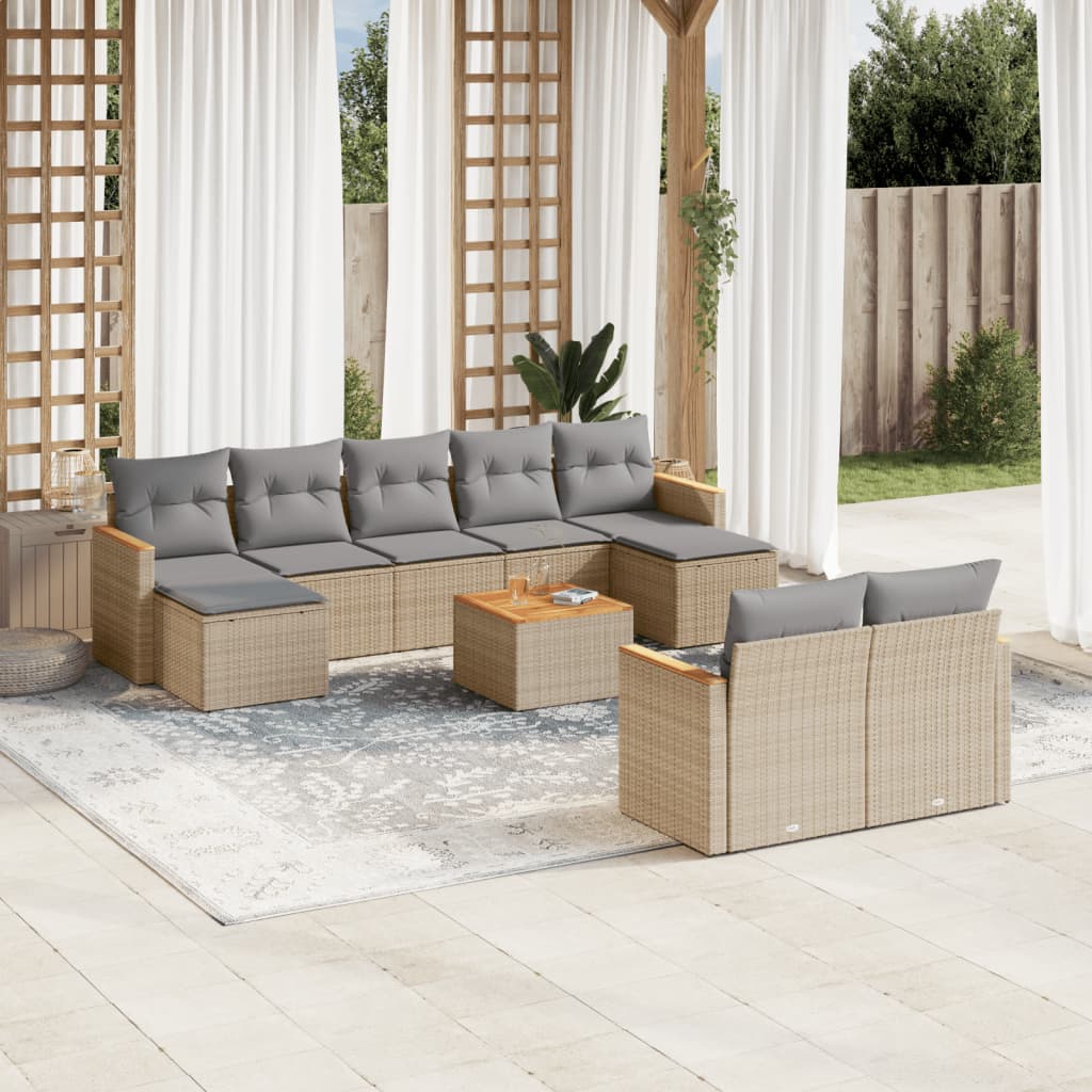 10 Pcs conjunto de sofás p/ jardim com almofadões vime PE bege