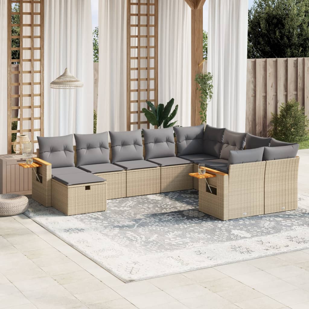 10 Pcs conjunto de sofás p/ jardim com almofadões vime PE bege