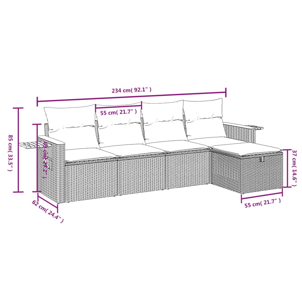 5 Pcs conjunto de sofás p/ jardim com almofadões vime PE bege