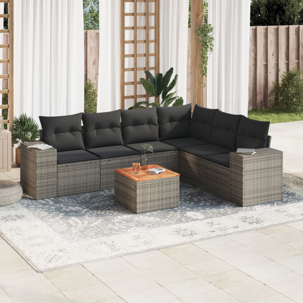 7 Pcs conjunto sofás p/ jardim c/ almofadões vime PE cinzento