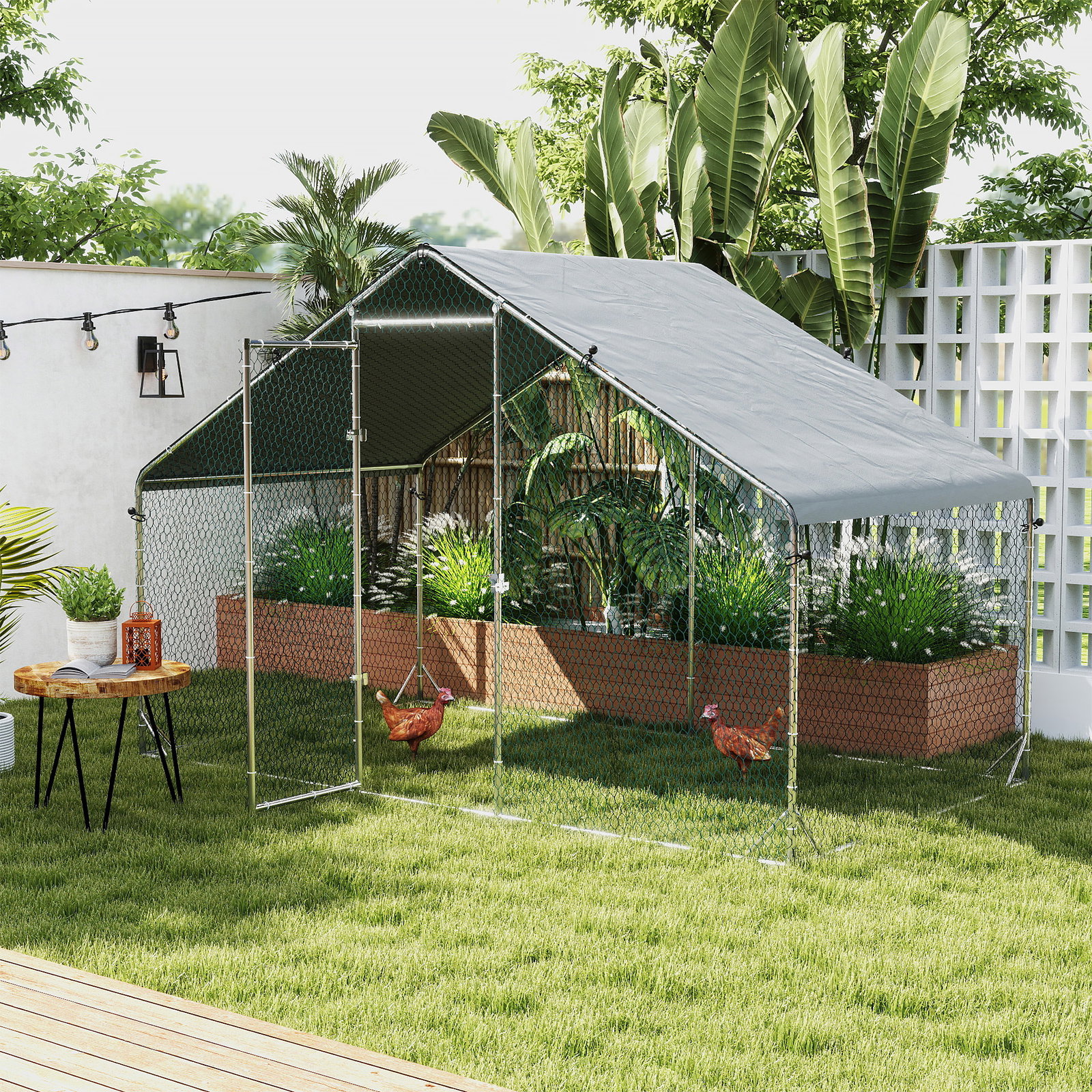 Galinheiro de Exterior Grande Área Aberta de 6 ㎡ para 4-6 Galinhas Galinheiro de Aço Galvanizado 3x2x2m