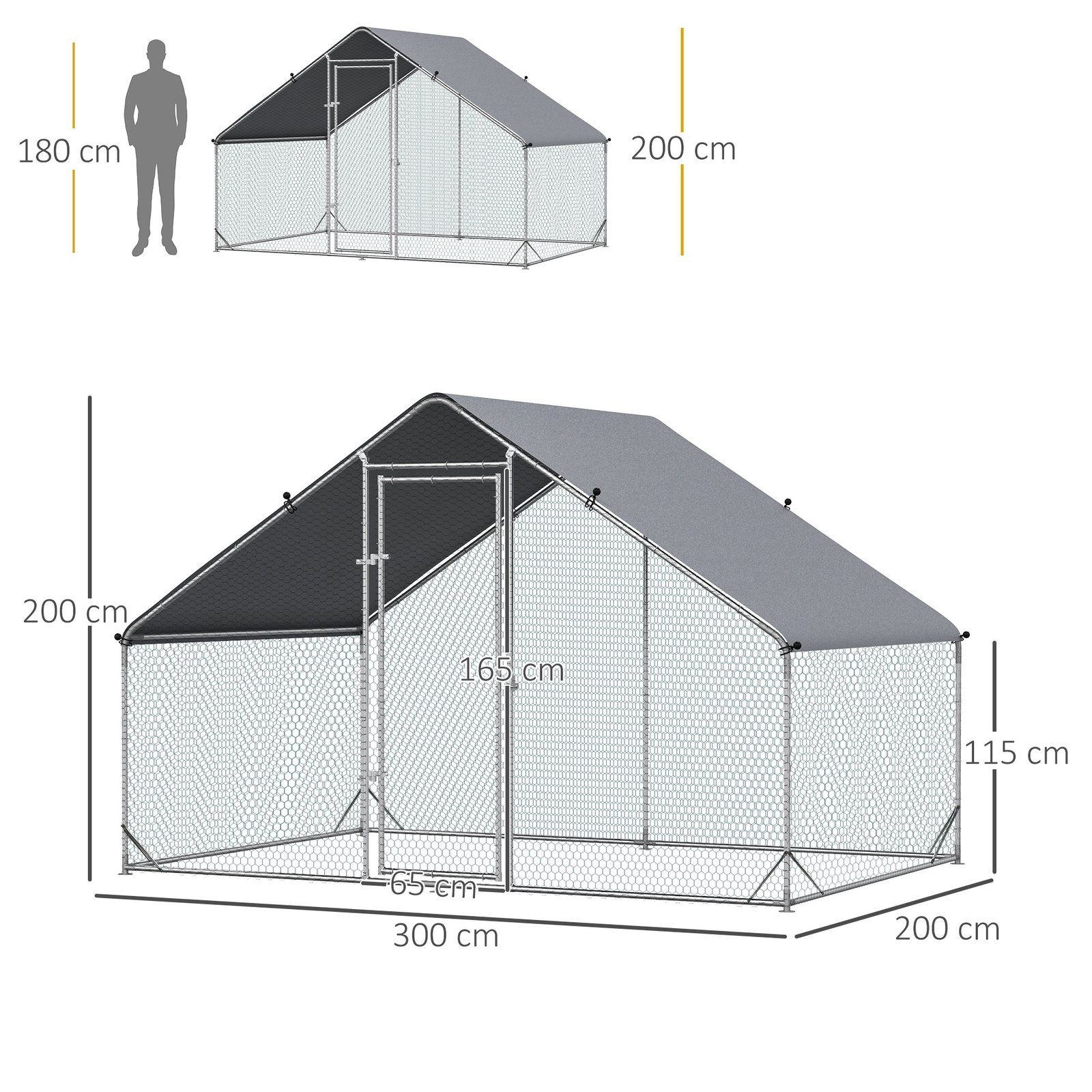 Galinheiro de Exterior Grande Área Aberta de 6 ㎡ para 4-6 Galinhas Galinheiro de Aço Galvanizado 3x2x2m
