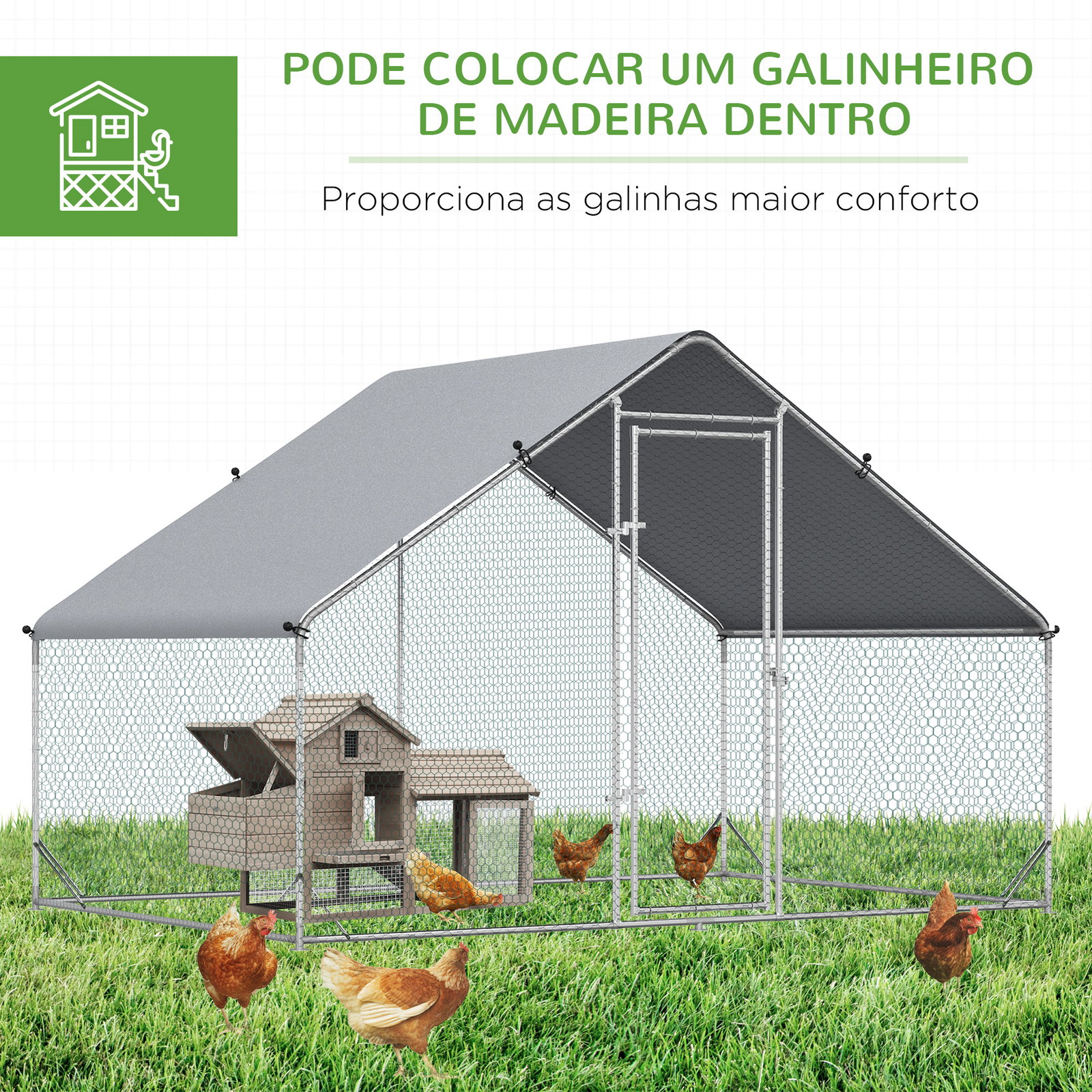 Galinheiro de Exterior Grande Área Aberta de 6 ㎡ para 4-6 Galinhas Galinheiro de Aço Galvanizado 3x2x2m