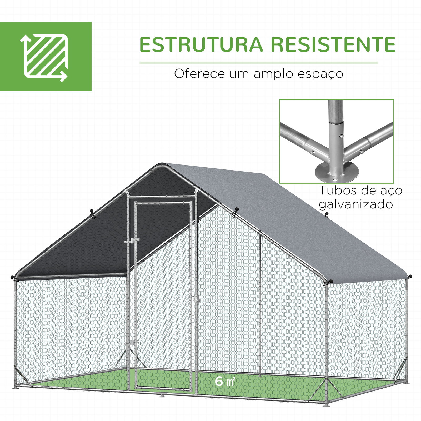Galinheiro de Exterior Grande Área Aberta de 6 ㎡ para 4-6 Galinhas Galinheiro de Aço Galvanizado 3x2x2m