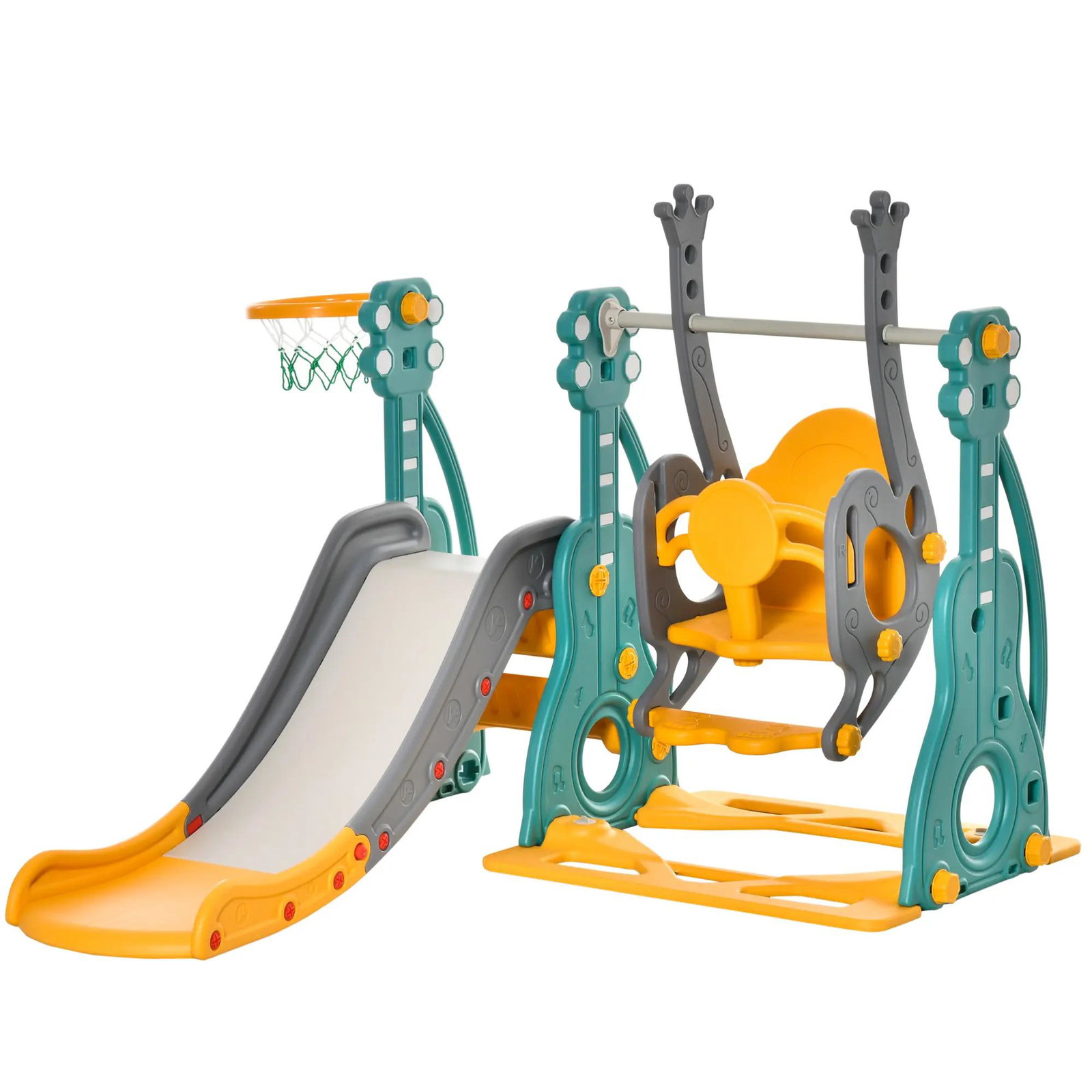 Escorega infantil com baloiço e cesta de basquetebol 3 em 1 para 18-36 meses com assento ajustável parque infantil para interior e exterior 152x149x107cm multicor