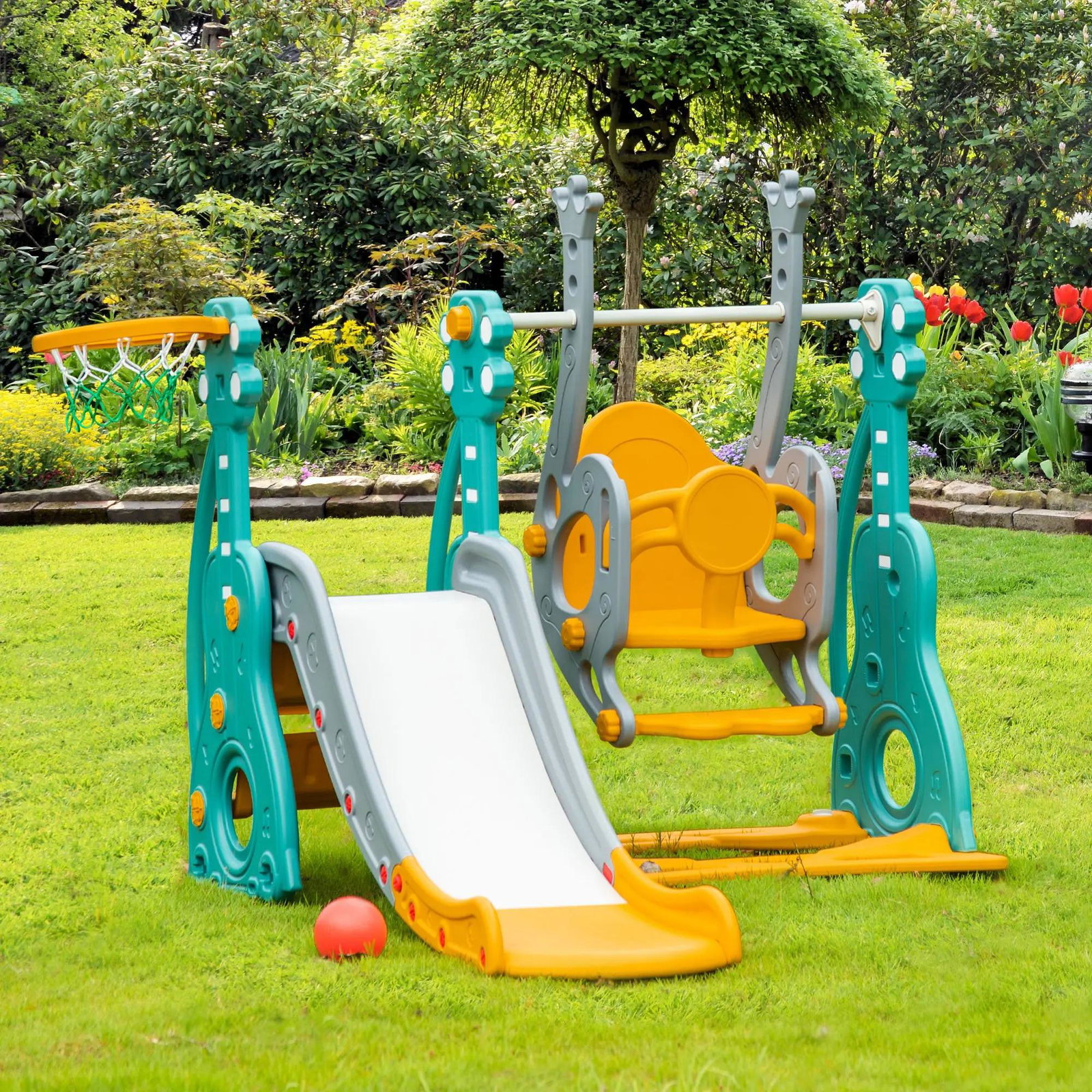 Escorega infantil com baloiço e cesta de basquetebol 3 em 1 para 18-36 meses com assento ajustável parque infantil para interior e exterior 152x149x107cm multicor
