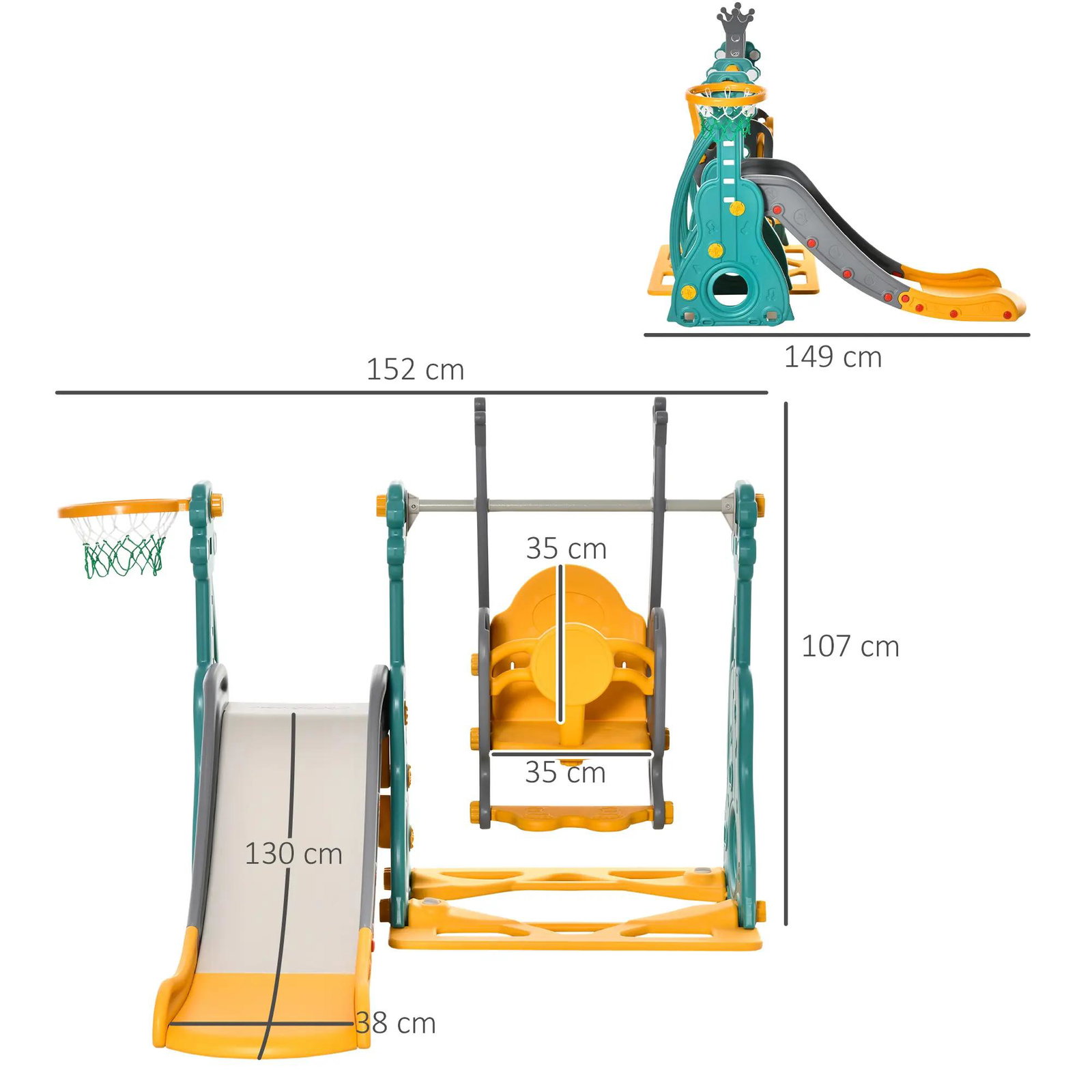 Escorega infantil com baloiço e cesta de basquetebol 3 em 1 para 18-36 meses com assento ajustável parque infantil para interior e exterior 152x149x107cm multicor