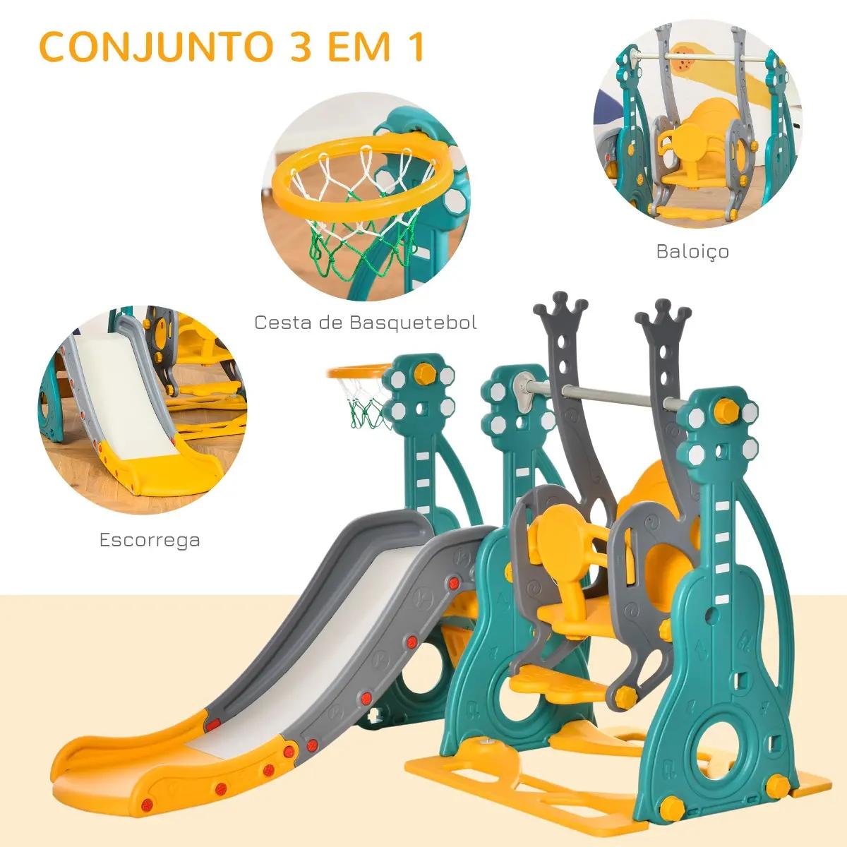 Escorega infantil com baloiço e cesta de basquetebol 3 em 1 para 18-36 meses com assento ajustável parque infantil para interior e exterior 152x149x107cm multicor