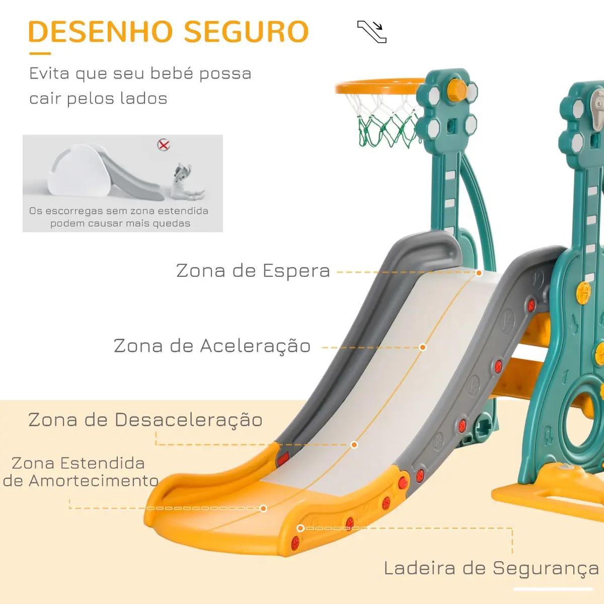 Escorega infantil com baloiço e cesta de basquetebol 3 em 1 para 18-36 meses com assento ajustável parque infantil para interior e exterior 152x149x107cm multicor