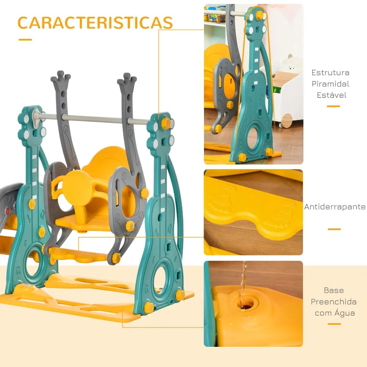 Escorega infantil com baloiço e cesta de basquetebol 3 em 1 para 18-36 meses com assento ajustável parque infantil para interior e exterior 152x149x107cm multicor