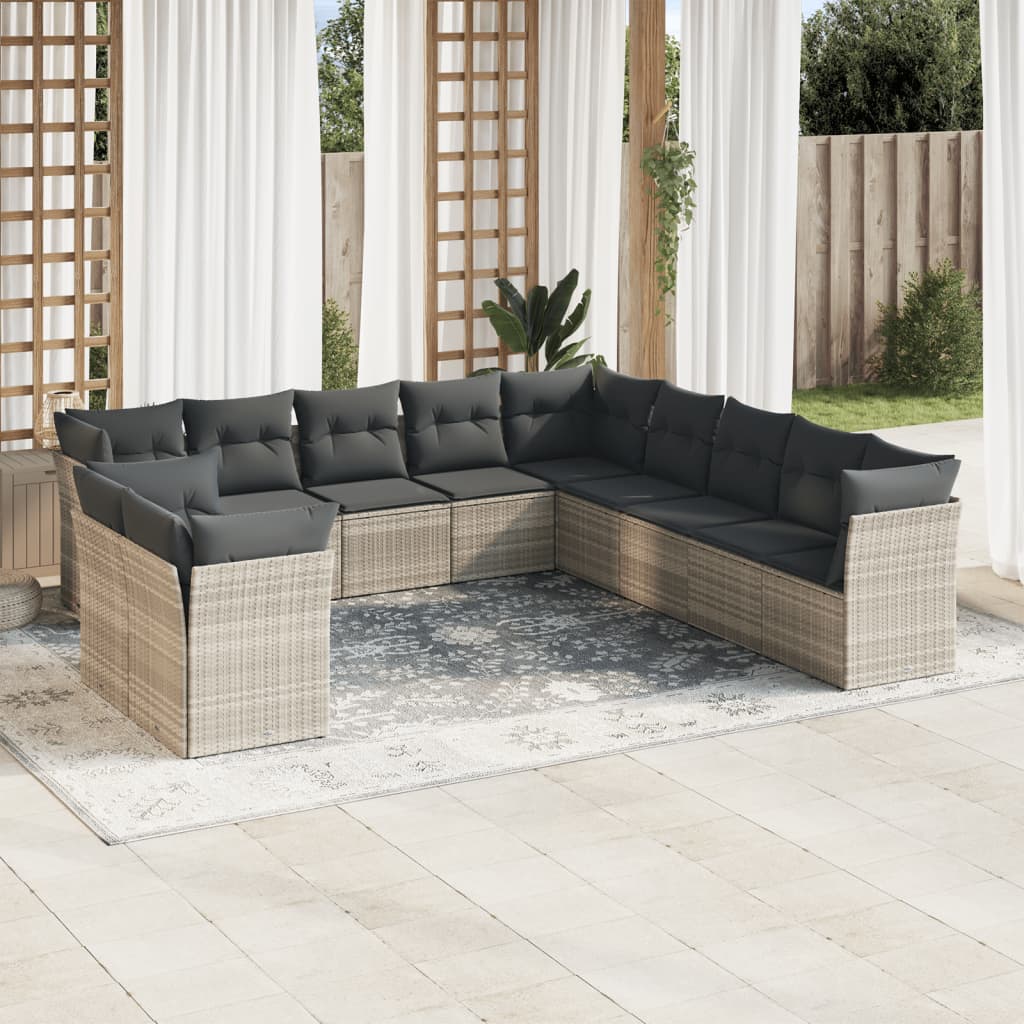 11 Pcs conjunto sofás de jardim c/ almofadões vime PE cinzento
