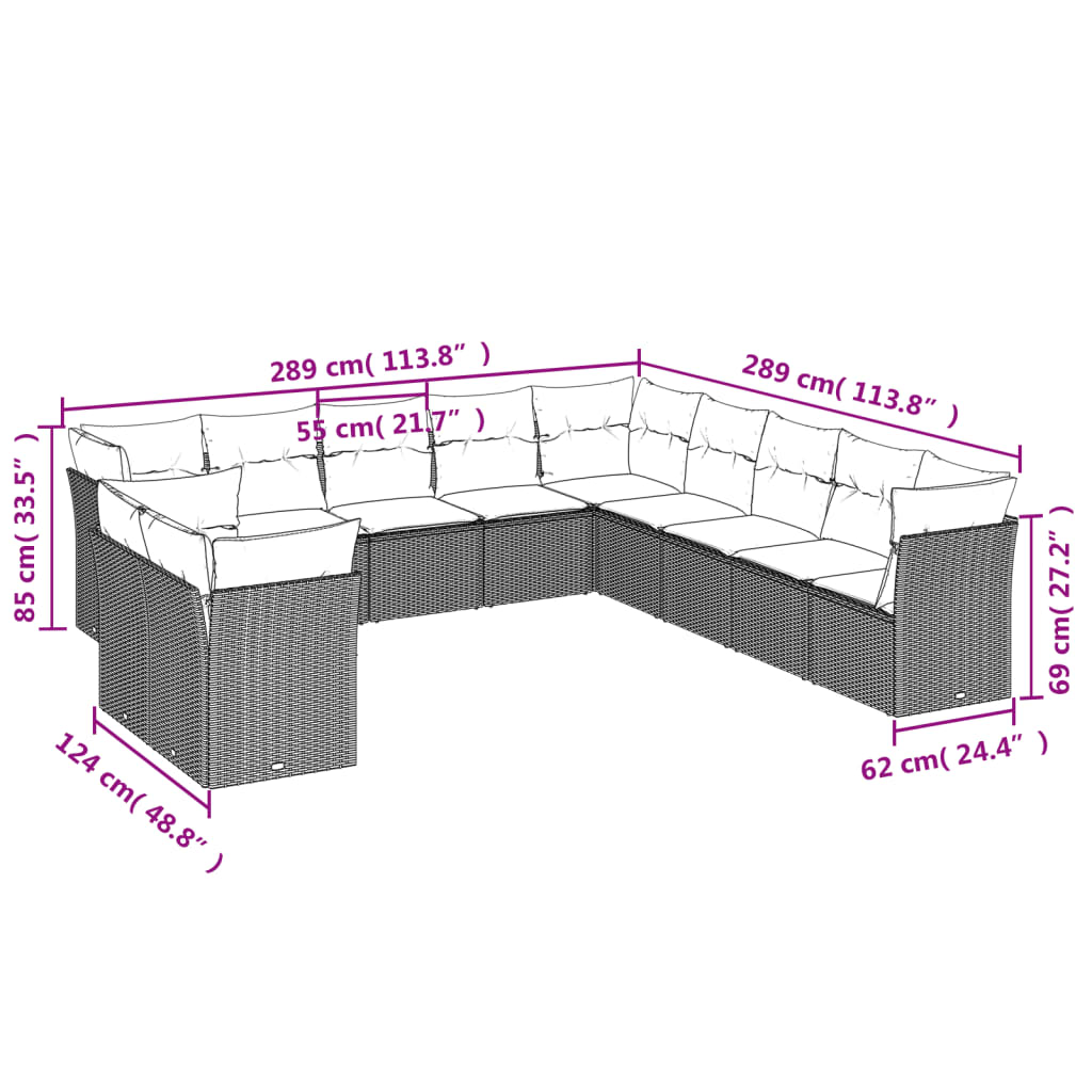 11 Pcs conjunto sofás de jardim c/ almofadões vime PE cinzento