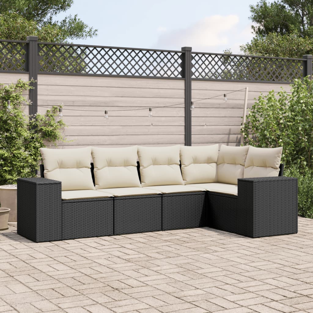 5 Pcs conjunto sofás de jardim com almofadões vime PE preto