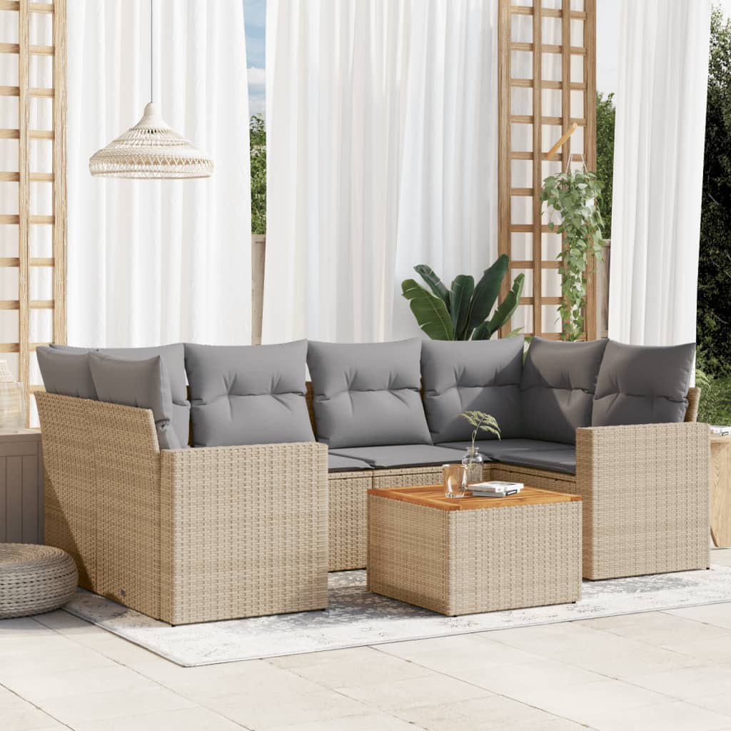 7 Pcs conjunto de sofás p/ jardim com almofadões vime PE bege