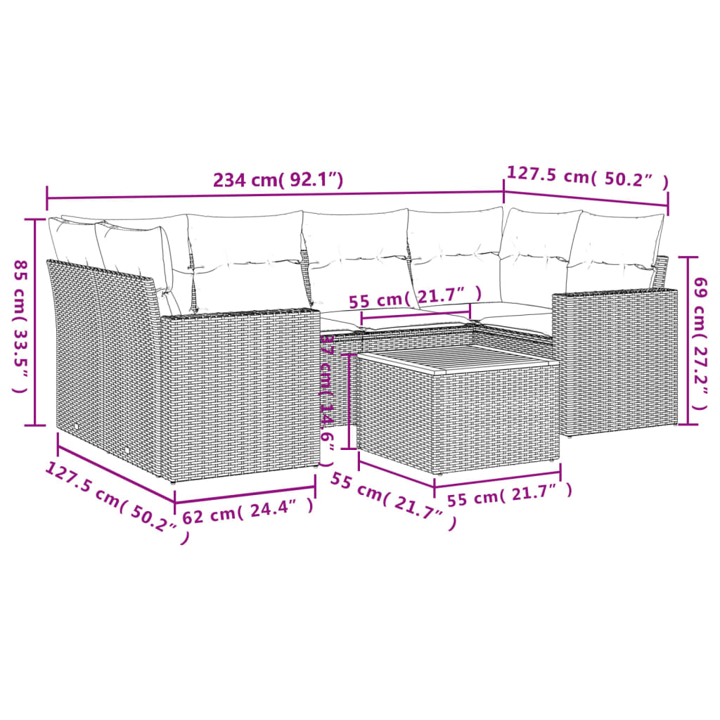 7 Pcs conjunto de sofás p/ jardim com almofadões vime PE bege