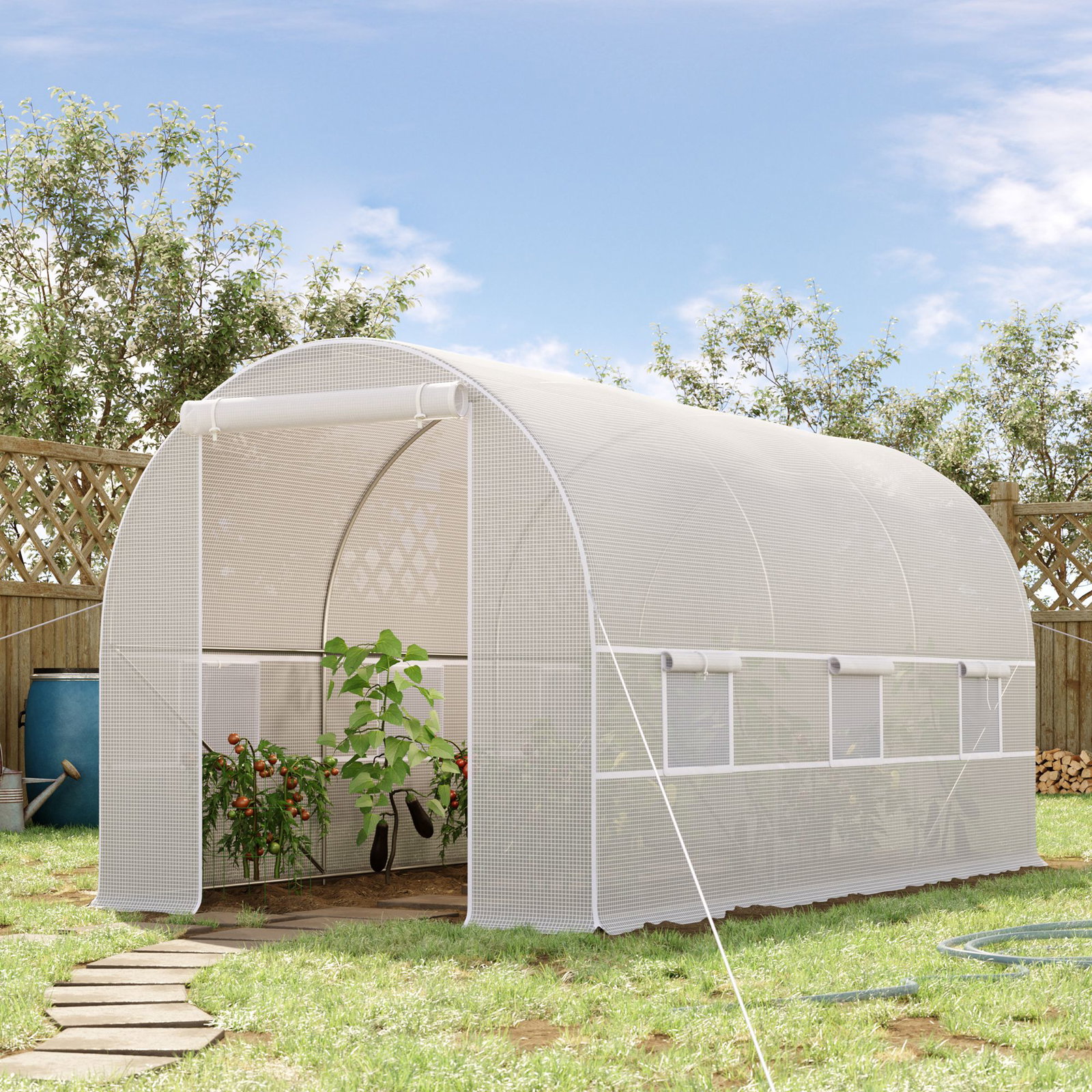 Estufa tipo túnel 400x200x200cm estufa de jardim com portas enroláveis e 6 janelas cobertura de PE 140 g/m² estrutura de metal para cultivo de plantas verduras branco