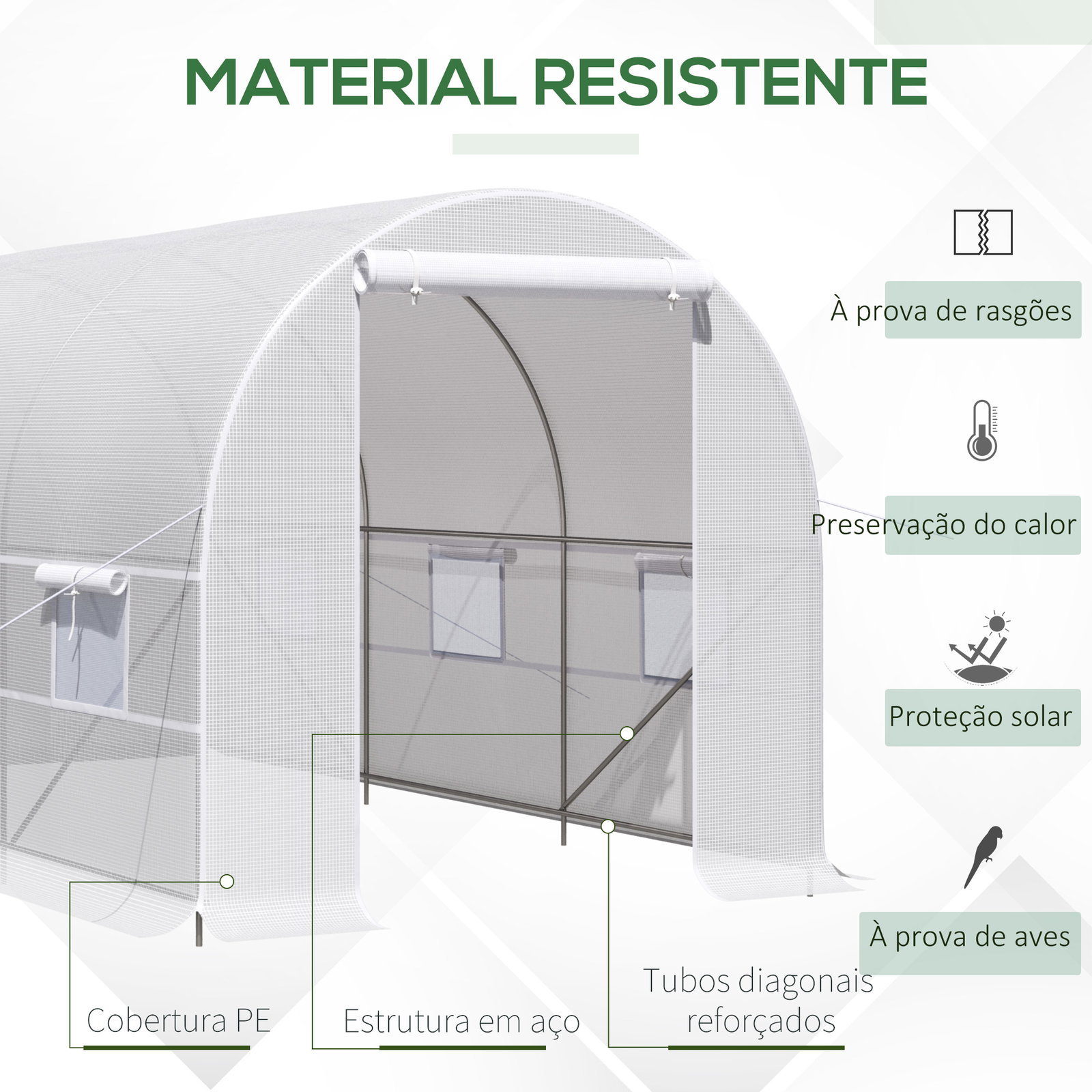 Estufa tipo túnel 400x200x200cm estufa de jardim com portas enroláveis e 6 janelas cobertura de PE 140 g/m² estrutura de metal para cultivo de plantas verduras branco