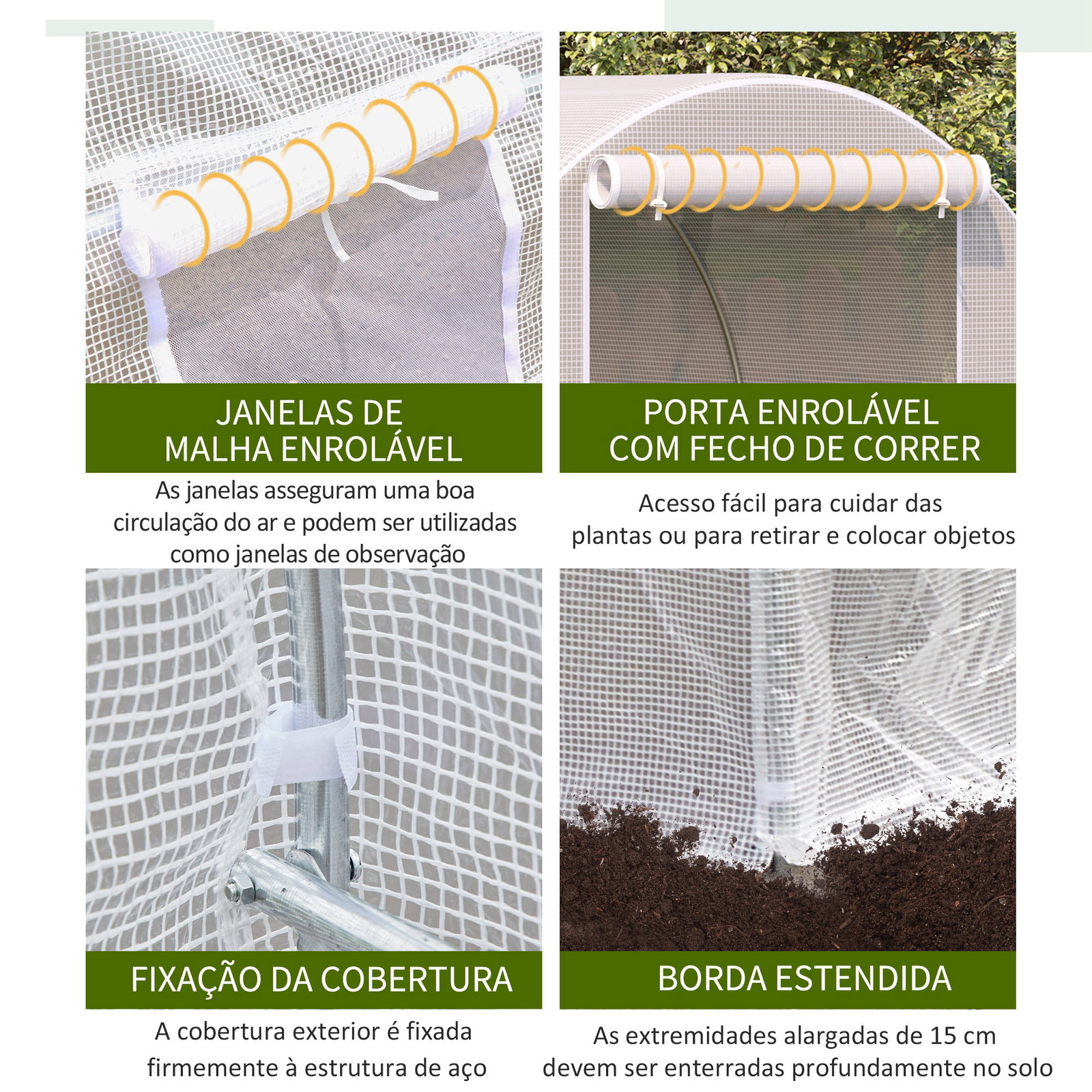 Estufa tipo túnel 400x200x200cm estufa de jardim com portas enroláveis e 6 janelas cobertura de PE 140 g/m² estrutura de metal para cultivo de plantas verduras branco