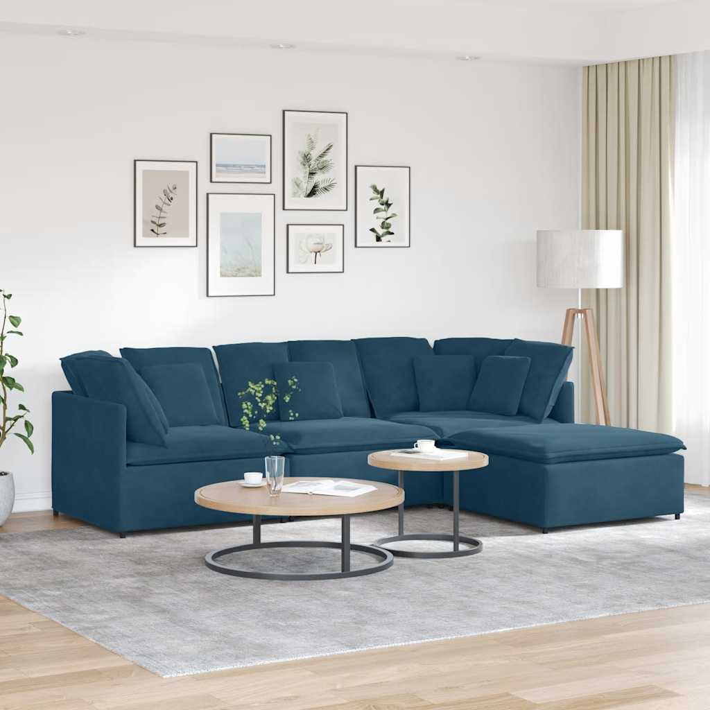 Sofá modular com pufes e almofadas veludo azul