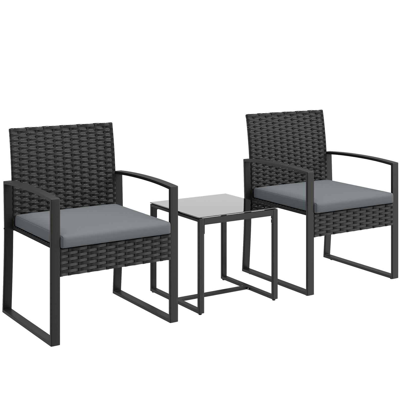 Conjunto de móveis de exterior de 3 peças em vime PE com cadeiras mesa de vidro temperado e almofadas cinza claro