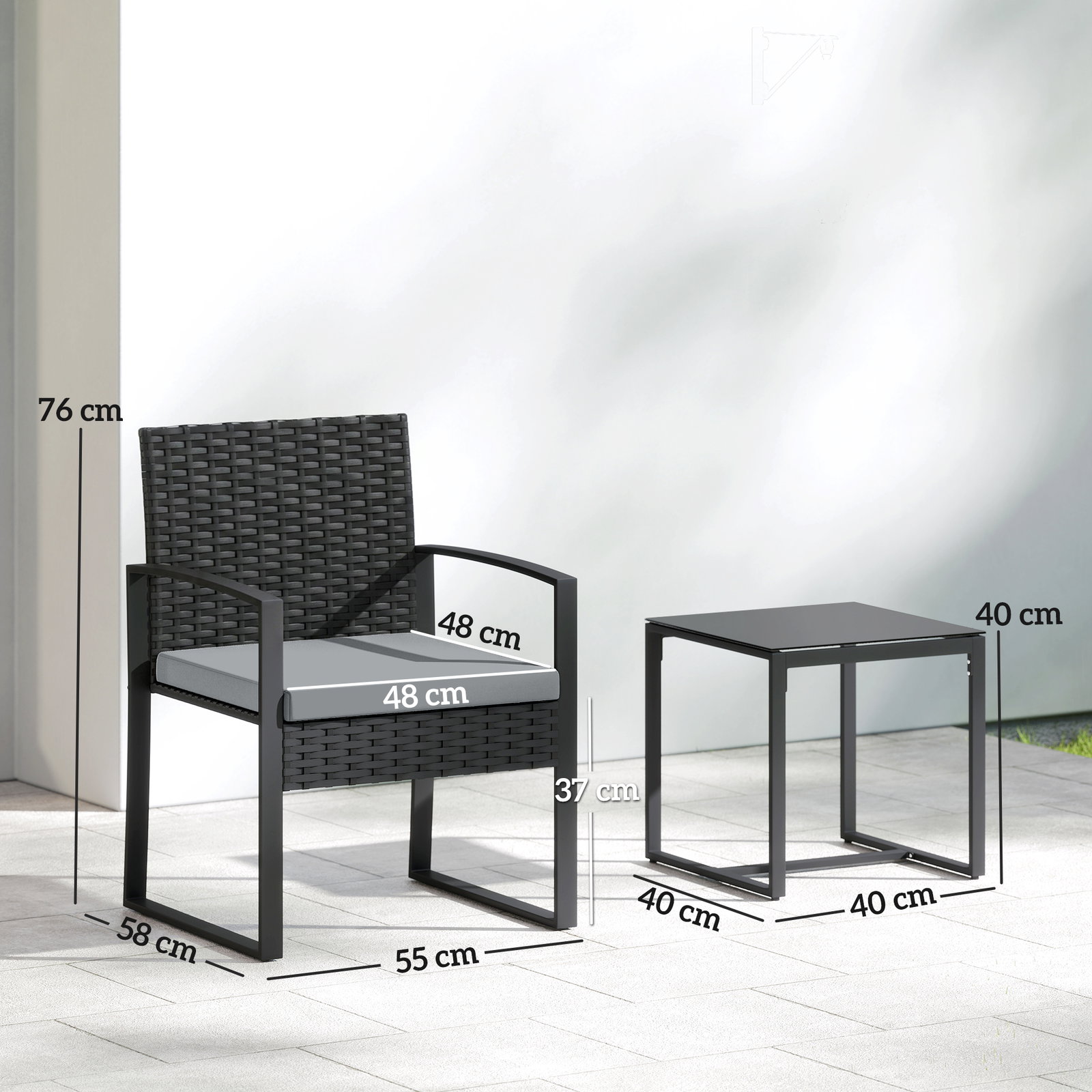 Conjunto de móveis de exterior de 3 peças em vime PE com cadeiras mesa de vidro temperado e almofadas cinza claro