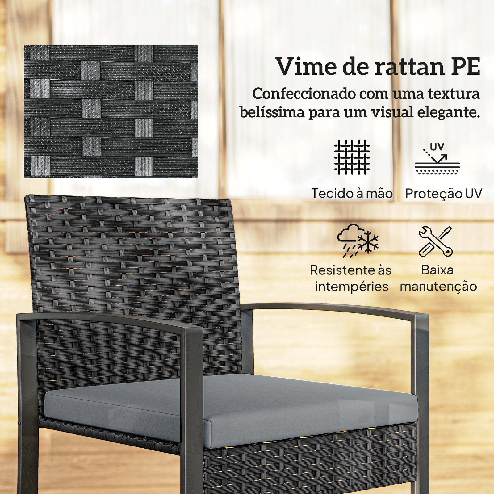Conjunto de móveis de exterior de 3 peças em vime PE com cadeiras mesa de vidro temperado e almofadas cinza claro