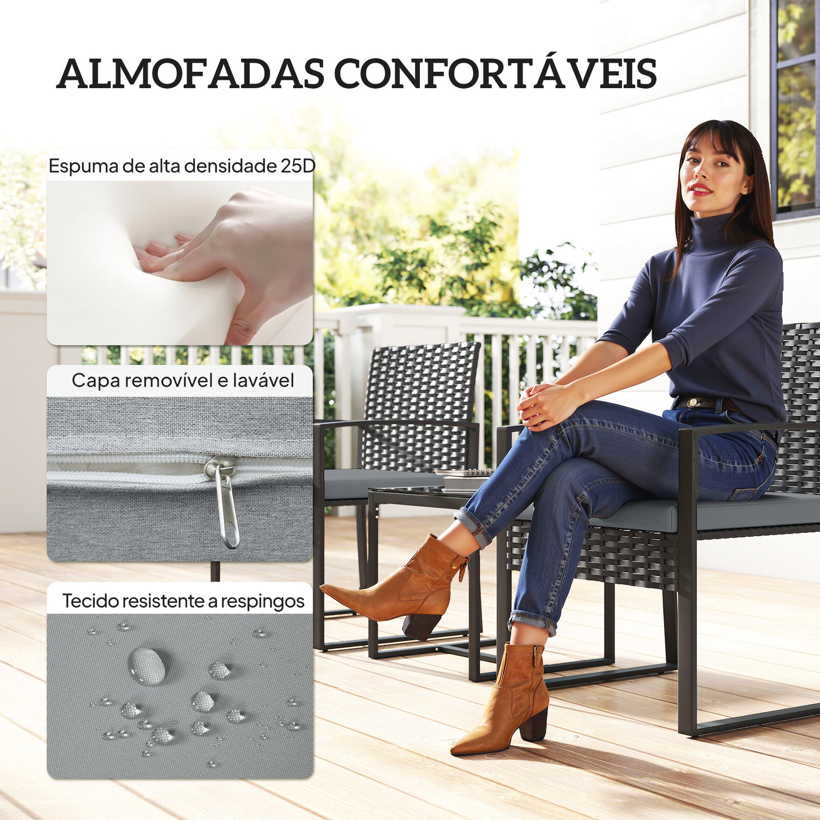 Conjunto de móveis de exterior de 3 peças em vime PE com cadeiras mesa de vidro temperado e almofadas cinza claro