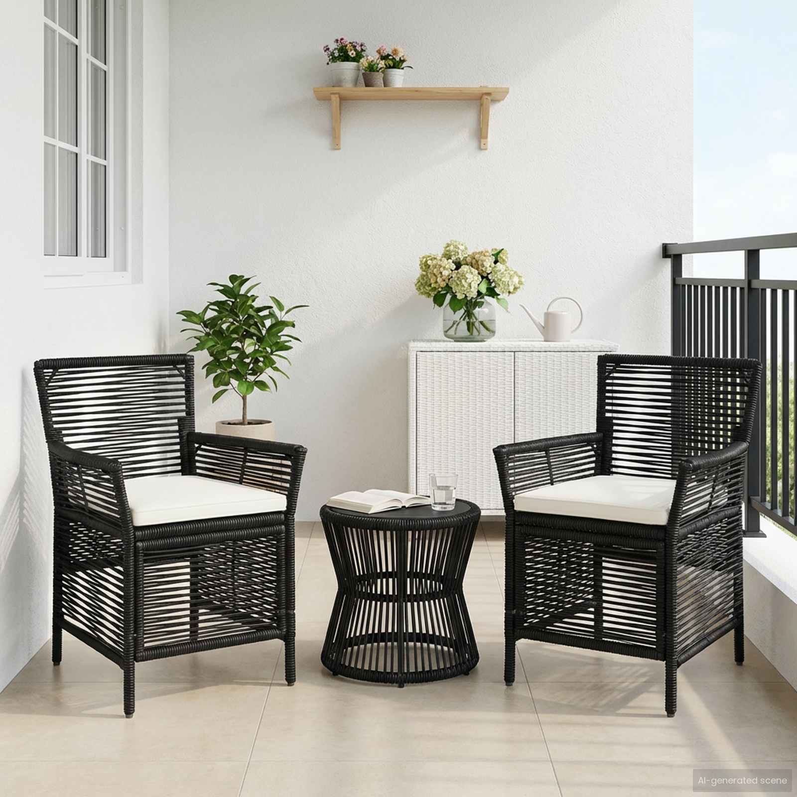 Cadeira para exterior 2 unid. preto e creme vime PE