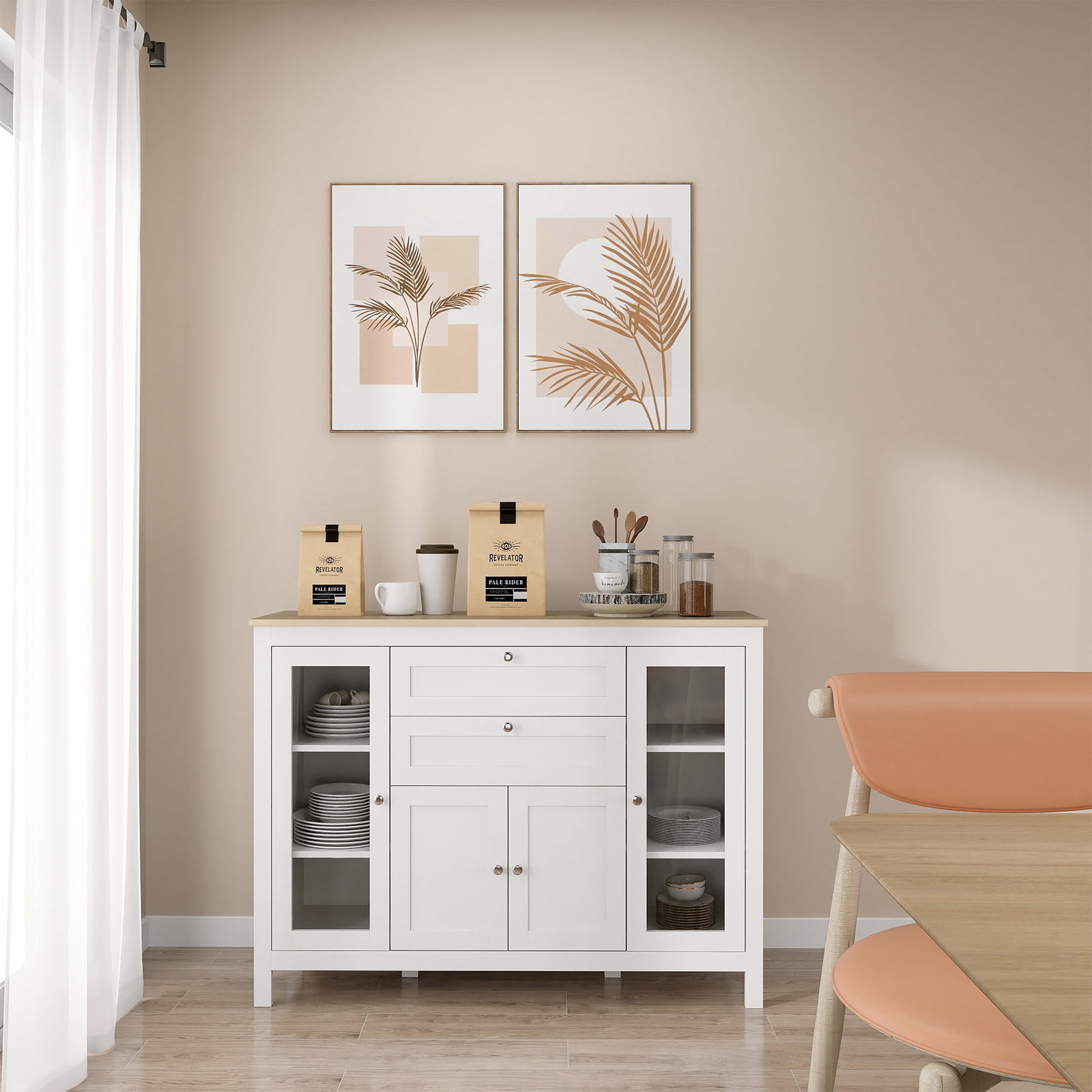 Aparador de cozinha com armário 2 gavetas 2 portas de vidro e prateleiras ajustáveis móvel auxiliar de armazenamento para sala de jantar sala de estar 120x40x90cm branco