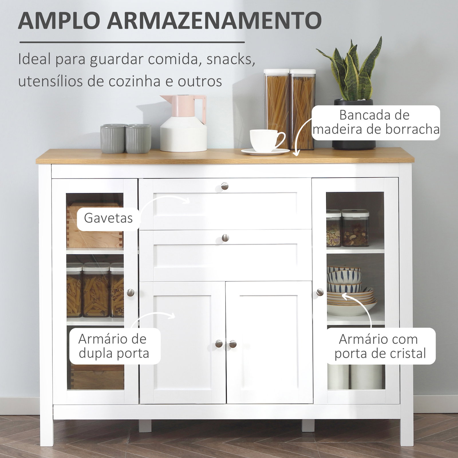 Aparador de cozinha com armário 2 gavetas 2 portas de vidro e prateleiras ajustáveis móvel auxiliar de armazenamento para sala de jantar sala de estar 120x40x90cm branco